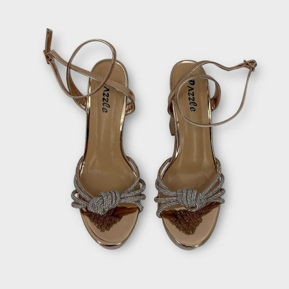 Pazzle Skyline Platform Sandals Rhinestone Knot Rose Gold Metallic Women 8.5